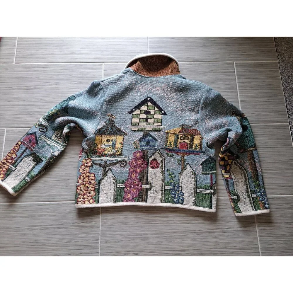 Vtg Birdhouse Tapestry Knit Cardigan Jacket Women's XL Sugar Street Artsy Whimsy - Picture 8 of 12